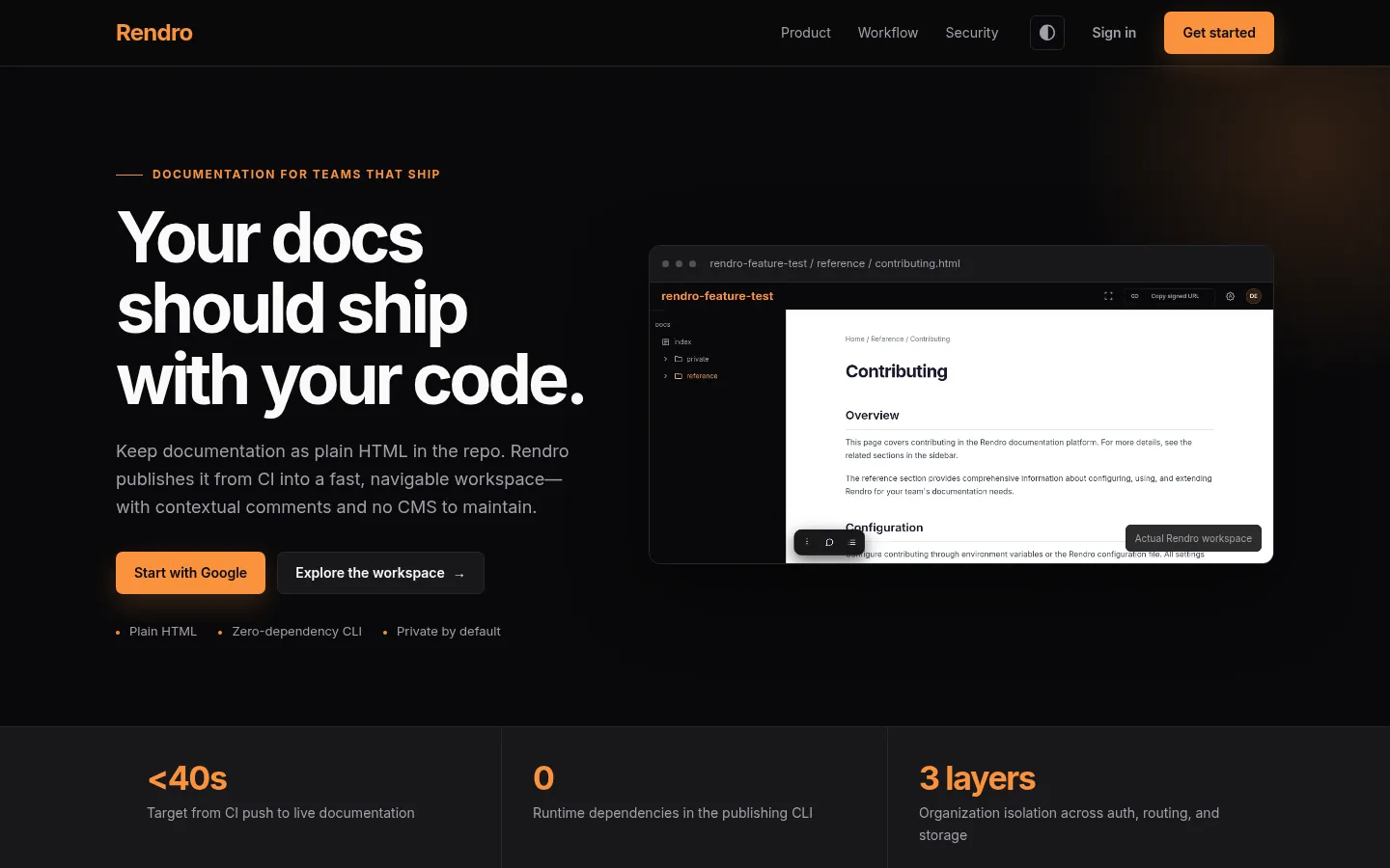 The Rendro landing page in dark mode, showing a documentation workspace with a sidebar tree.
