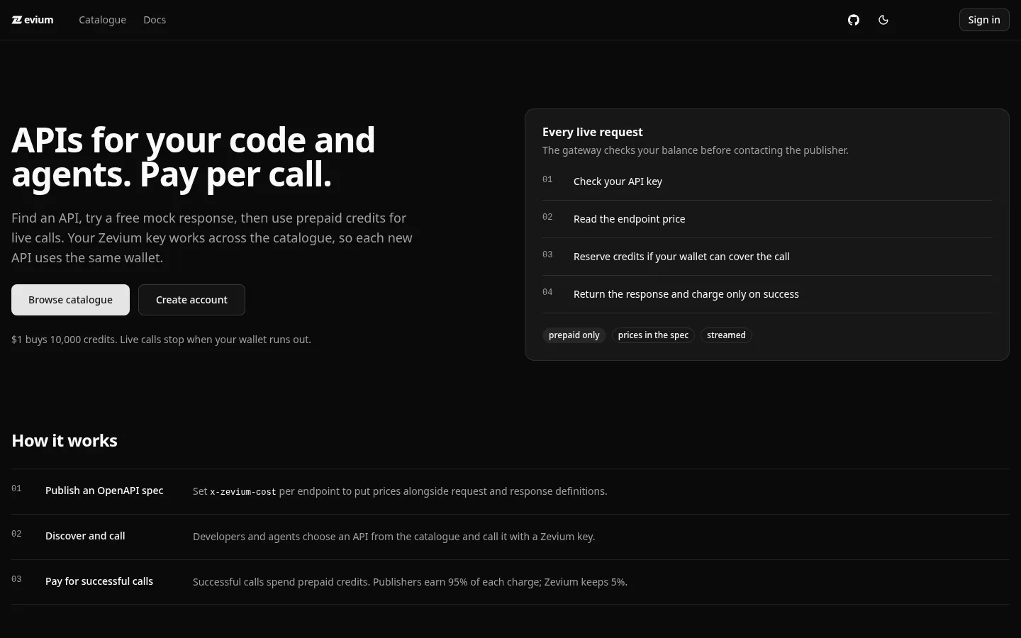 The Zevium landing page in dark mode, explaining pay-per-call APIs.